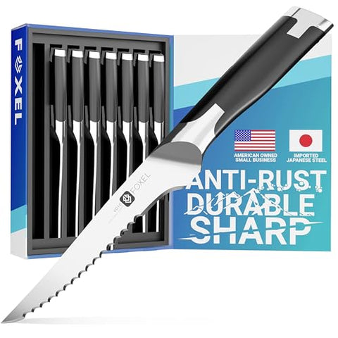 FOXEL Best Serrated Steak Knives Set of 8 - Dishwasher Safe Steak Knife Set of 8 - Rust Resistant VG10 Japanese High Carbon Stainless Steel Blade w/Full Tang Handle - Gift Box Set