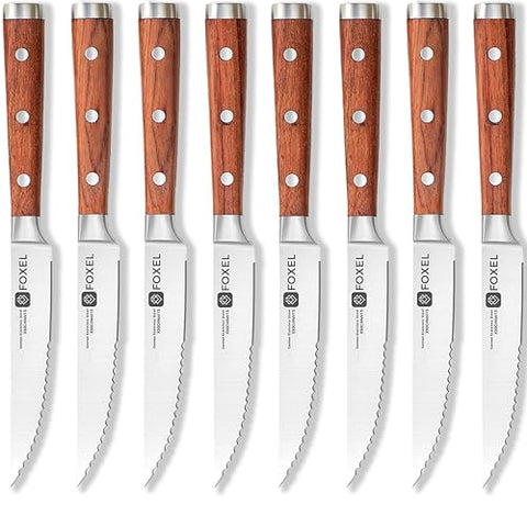 FOXEL Best Serrated Steak Knives Knife Set of 8 Piece w/Covers - German High Carbon Stainless Steel Blade - Sandal Wood Full Tang Handle - Heavy Duty Restaurant Quality - Hand Wash