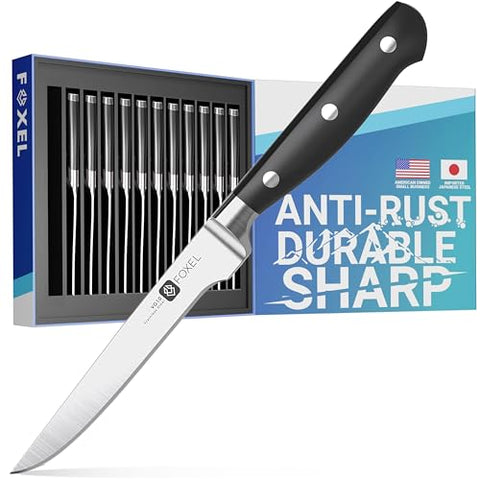 FOXEL Best Serrated Steak Knives Knife Set of 12 Piece w/Covers - German High Carbon Stainless Steel Blade - Sandal Wood Full Tang Handle - Heavy Duty Restaurant Quality - Hand Wash