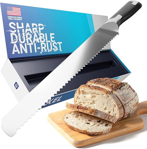 FOXEL Bread Knife 10 Inch Serrated For Homemade Bread Sourdough, Bagels - Long Kitchen Knife For Chefs Bakers That Love To Bake
