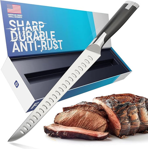FOXEL 10 Inch Brisket Carving Slicer Knife - German High Carbon Stainless Steel - Perfect for Slicing Meat, Turkey, BBQ & Prime Rib - with Hollow Edge Divots, Shock-Resistant Handle