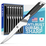 FOXEL Best Serrated Steak Knives Set of 8 - Dishwasher Safe Steak Knife Set of 8 - Rust Resistant VG10 Japanese High Carbon Stainless Steel Blade w/Full Tang Handle - Gift Box Set