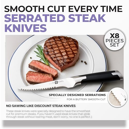 FOXEL Best Serrated Steak Knives Set of 12 - Dishwasher Safe Steak Kni