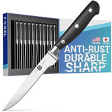FOXEL Best Serrated Steak Knives Knife Set of 12 Piece w/Covers - German High Carbon Stainless Steel Blade - Sandal Wood Full Tang Handle - Heavy Duty Restaurant Quality - Hand Wash
