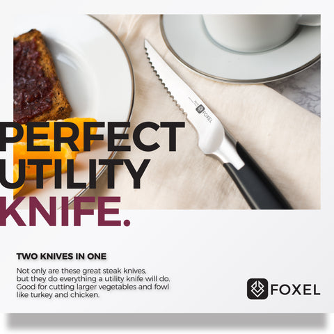 FOXEL Dishwasher Safe Serrated Steak Knife 4 Set, Sharp German Steel