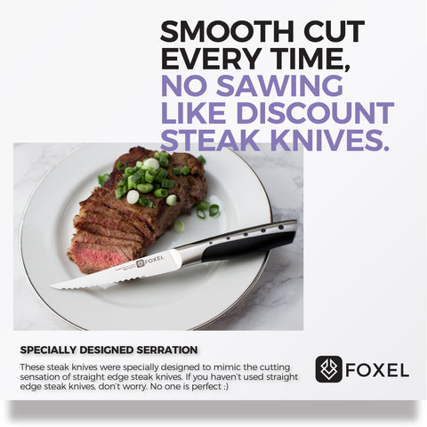 FOXEL Non Serrated Steak Knife 4 Set, Razor Sharp Japanese VG10 Steel